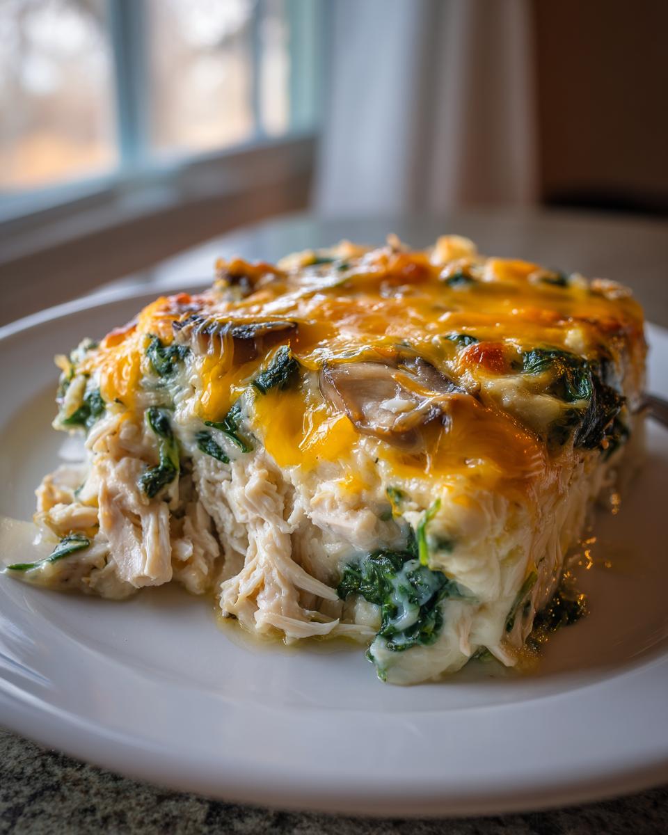 A close-up of a serving of Low-Carb Chicken Spinach Mushroom Casserole with shredded chicken, spinach, and melted cheese topping.