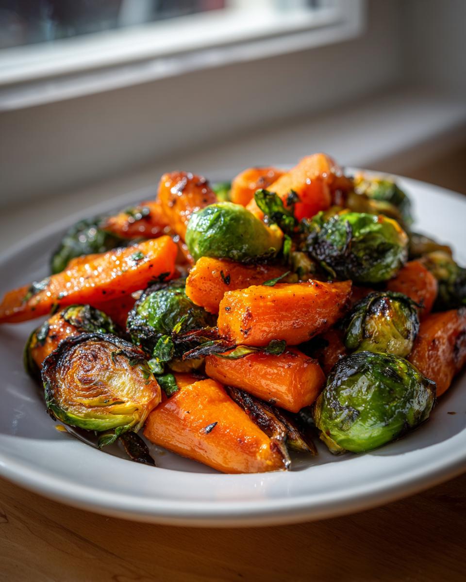 Close-up of roasted Maple Glazed Carrots and Brussels Sprouts glistening with glaze on a white plate.