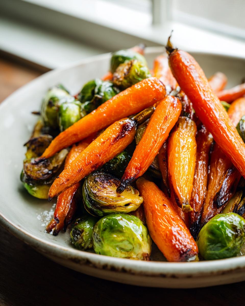Close-up of roasted Brussels sprouts and baby carrots coated in a glaze, perfect for Maple Glazed Carrots and Brussels Sprouts.