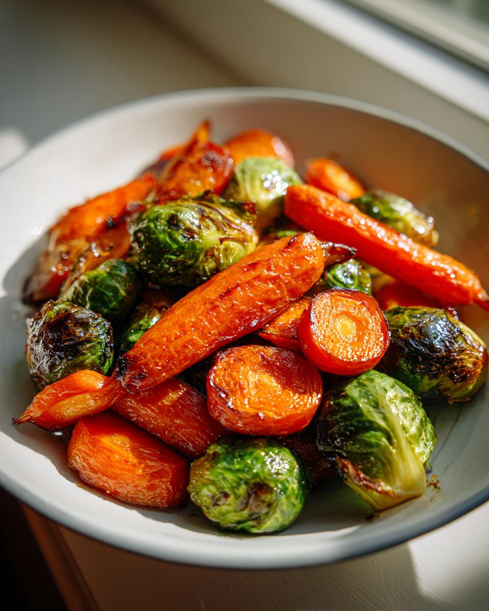 Close-up of roasted Maple Glazed Carrots and Brussels Sprouts glistening with glaze in a white bowl.