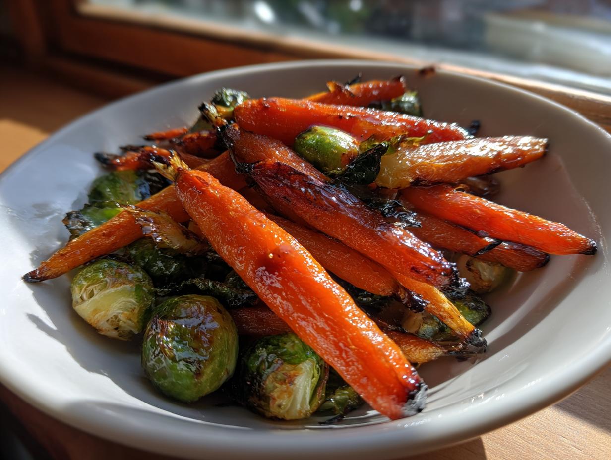 Close-up of roasted Maple Glazed Carrots and Brussels Sprouts glistening with glaze in a white bowl.