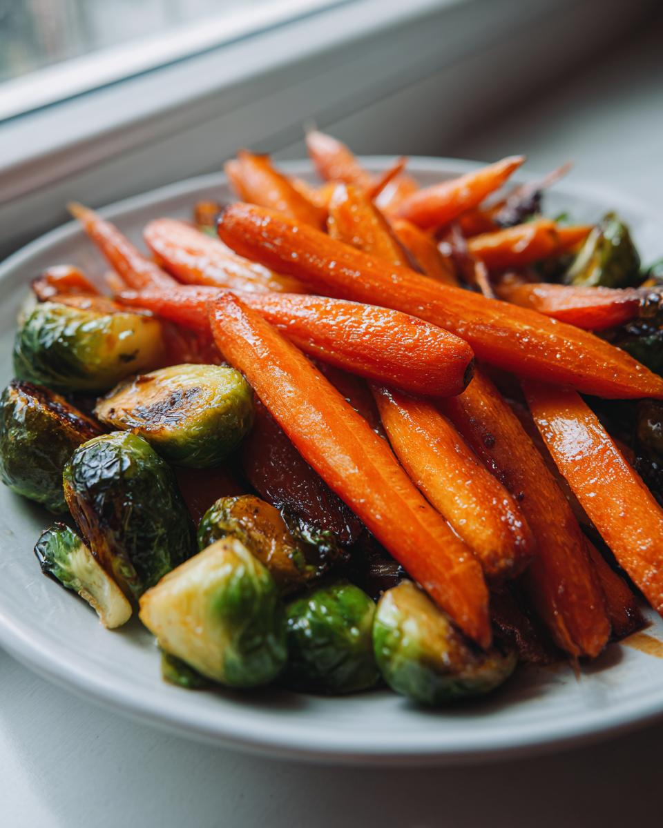 Close-up of roasted Brussels sprouts and bright orange Maple Glazed Carrots and Brussels Sprouts on a white plate.