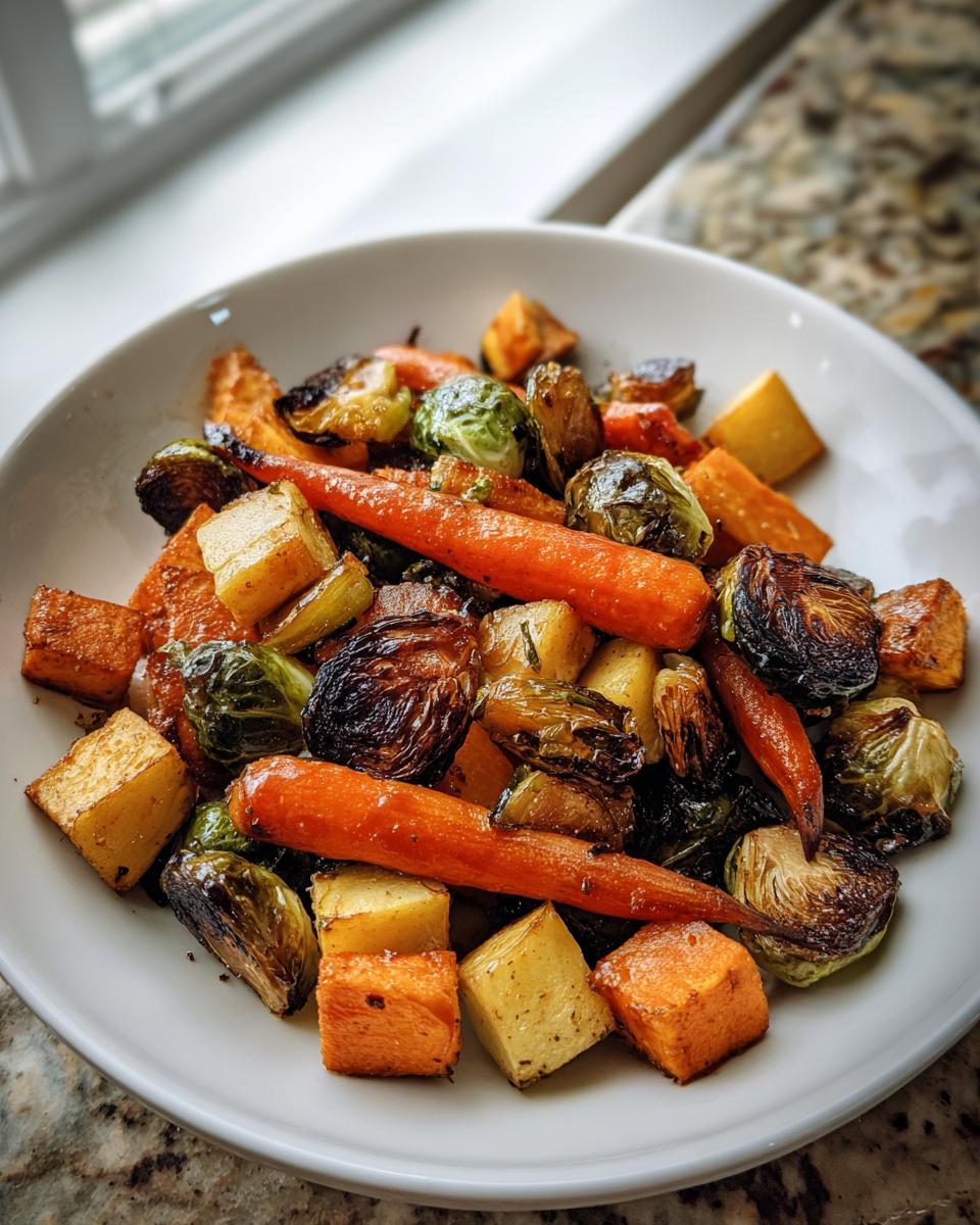 Close-up of Maple Roasted Thanksgiving Veggies including carrots, Brussels sprouts, potatoes, and sweet potatoes in a white bowl.
