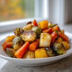A white bowl filled with glistening Maple Roasted Thanksgiving Veggies, including caramelized Brussels sprouts, carrots, and root vegetables.