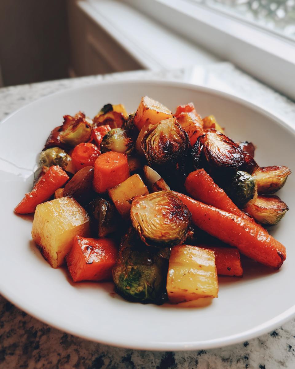 Close-up of caramelized Maple Roasted Thanksgiving Veggies, including carrots, Brussels sprouts, and potatoes, served in a white bowl.