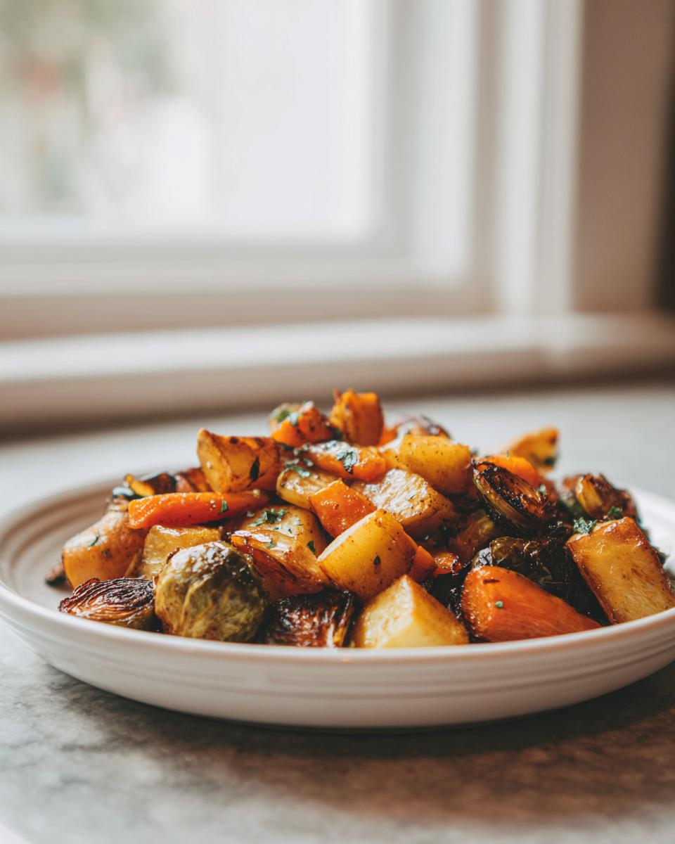 A plate piled high with glazed, roasted root vegetables and Brussels sprouts, showcasing Maple Roasted Thanksgiving Veggies.