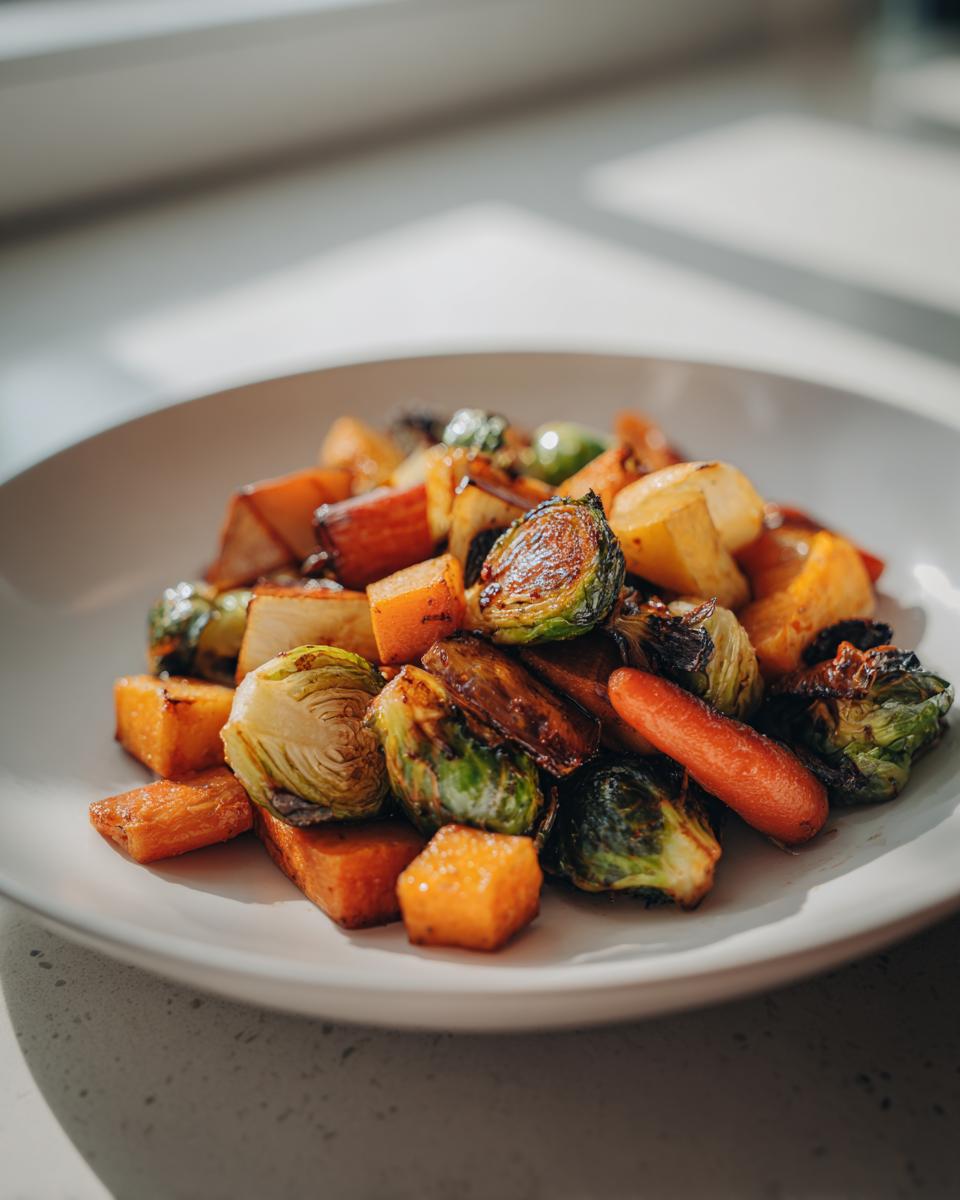 A close-up of caramelized Maple Roasted Thanksgiving Veggies, including Brussels sprouts, carrots, and squash, served on a white plate.