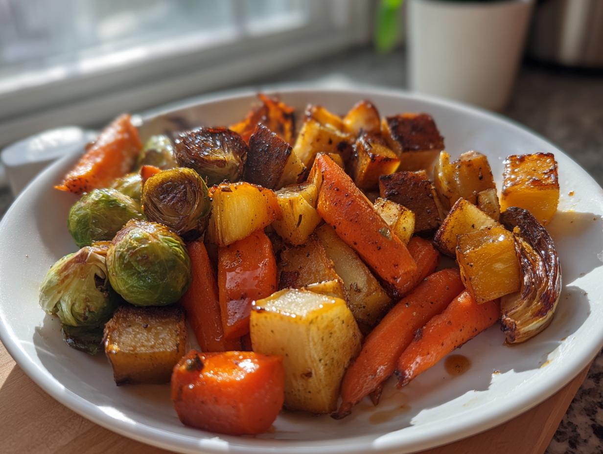 A close-up of a serving of Maple Roasted Thanksgiving Veggies, including caramelized Brussels sprouts, carrots, and squash.