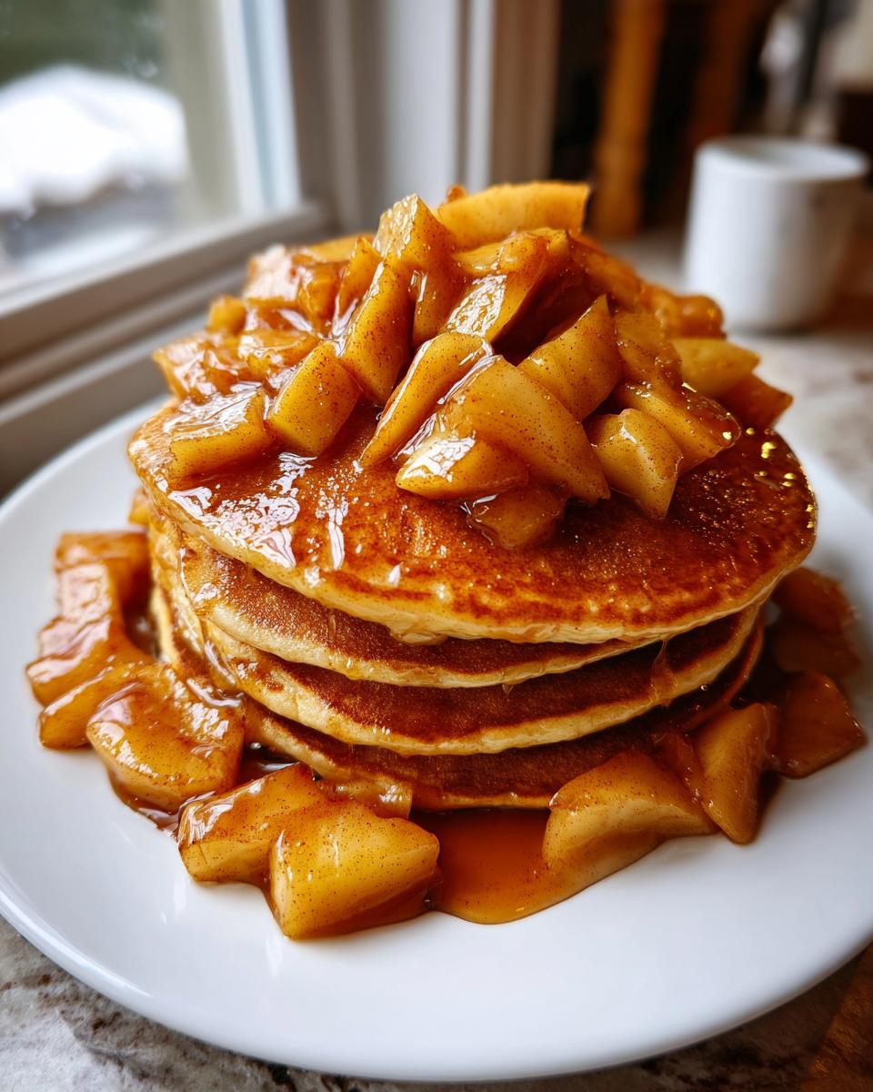 A tall stack of fluffy apple pancakes generously topped with warm, syrupy cinnamon apples.