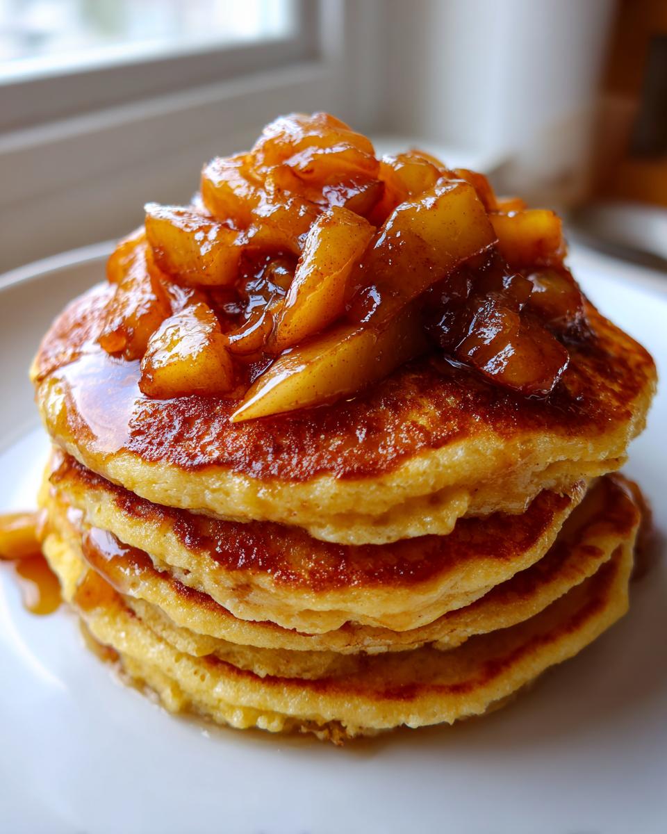 A tall stack of golden apple pancakes topped generously with caramelized apple chunks and syrup.