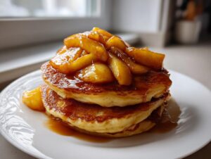 A tall stack of fluffy apple pancakes generously topped with caramelized apple slices and syrup.