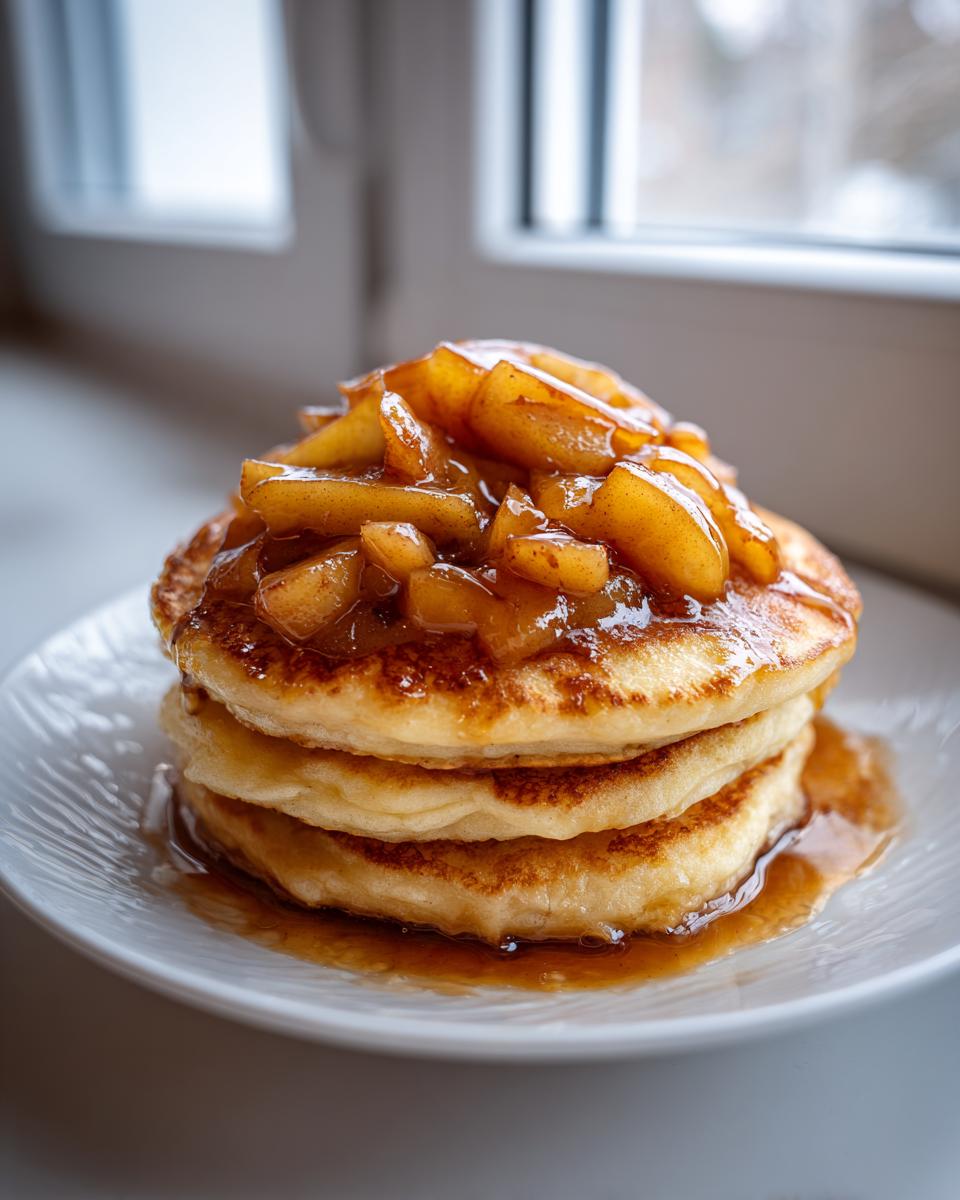 A stack of three fluffy apple pancakes topped generously with warm, caramelized apple slices and syrup.