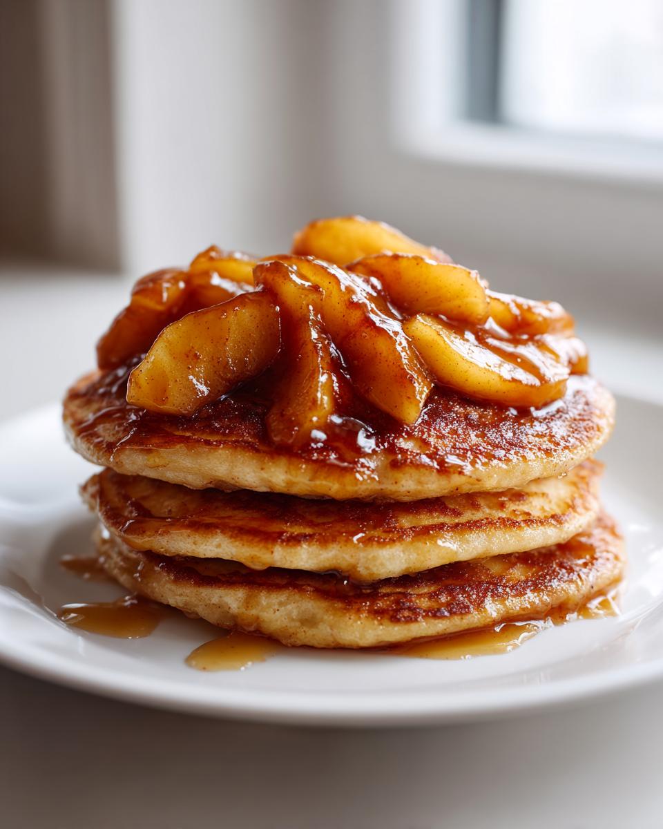 A tall stack of three golden apple pancakes topped generously with caramelized cinnamon apples.