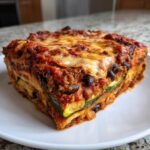 A hearty, square slice of Mexican Zucchini Casserole featuring layers of zucchini, black beans, sauce, and melted cheese on a white plate.
