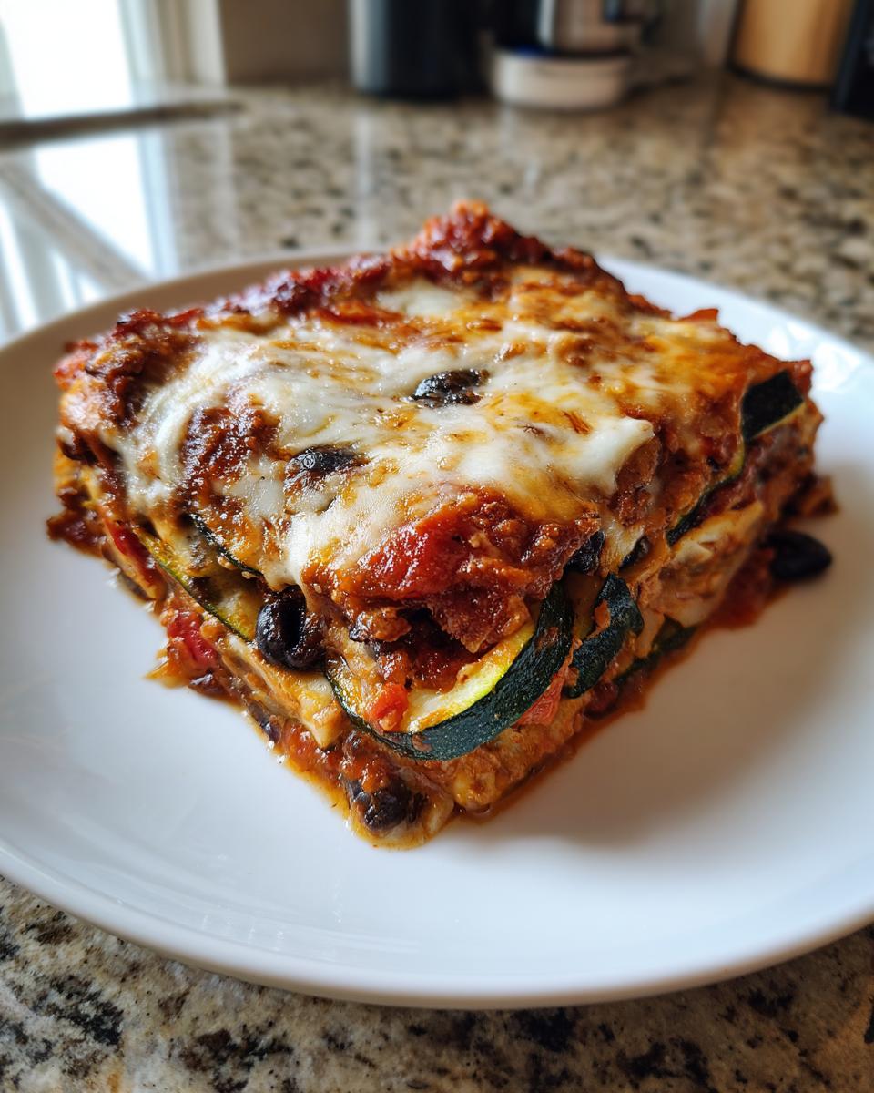 A square slice of Mexican Zucchini Casserole layered with zucchini, sauce, and topped with melted white cheese.