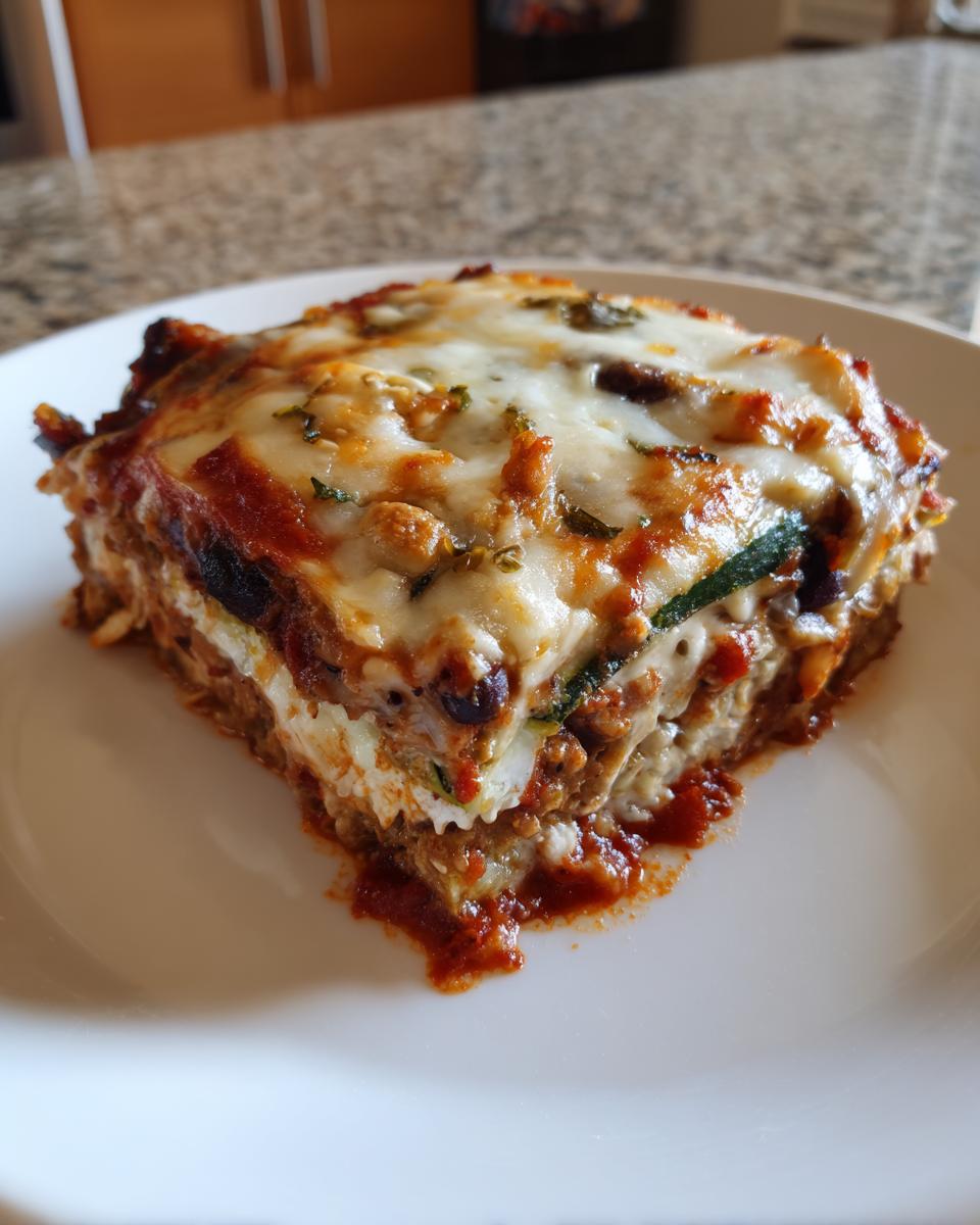 A square serving of Mexican Zucchini Casserole layered with sauce, cheese, and zucchini, served on a white plate.