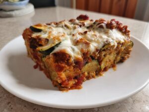 A generous slice of Mexican Zucchini Casserole with layers of sauce, zucchini, and a topping of melted white cheese.
