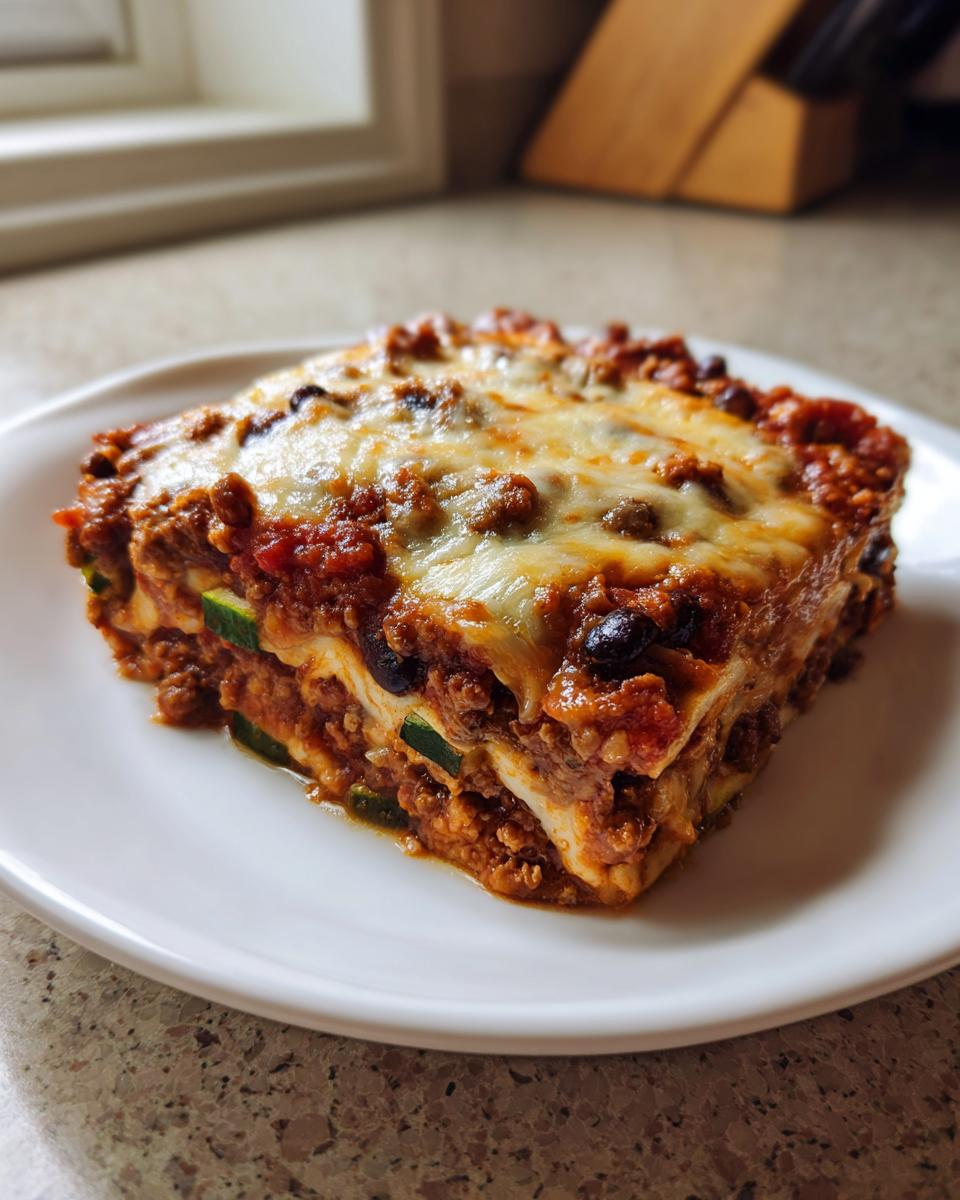 A square slice of rich Mexican Zucchini Casserole layered with meat sauce, black beans, zucchini, and topped with melted cheese.