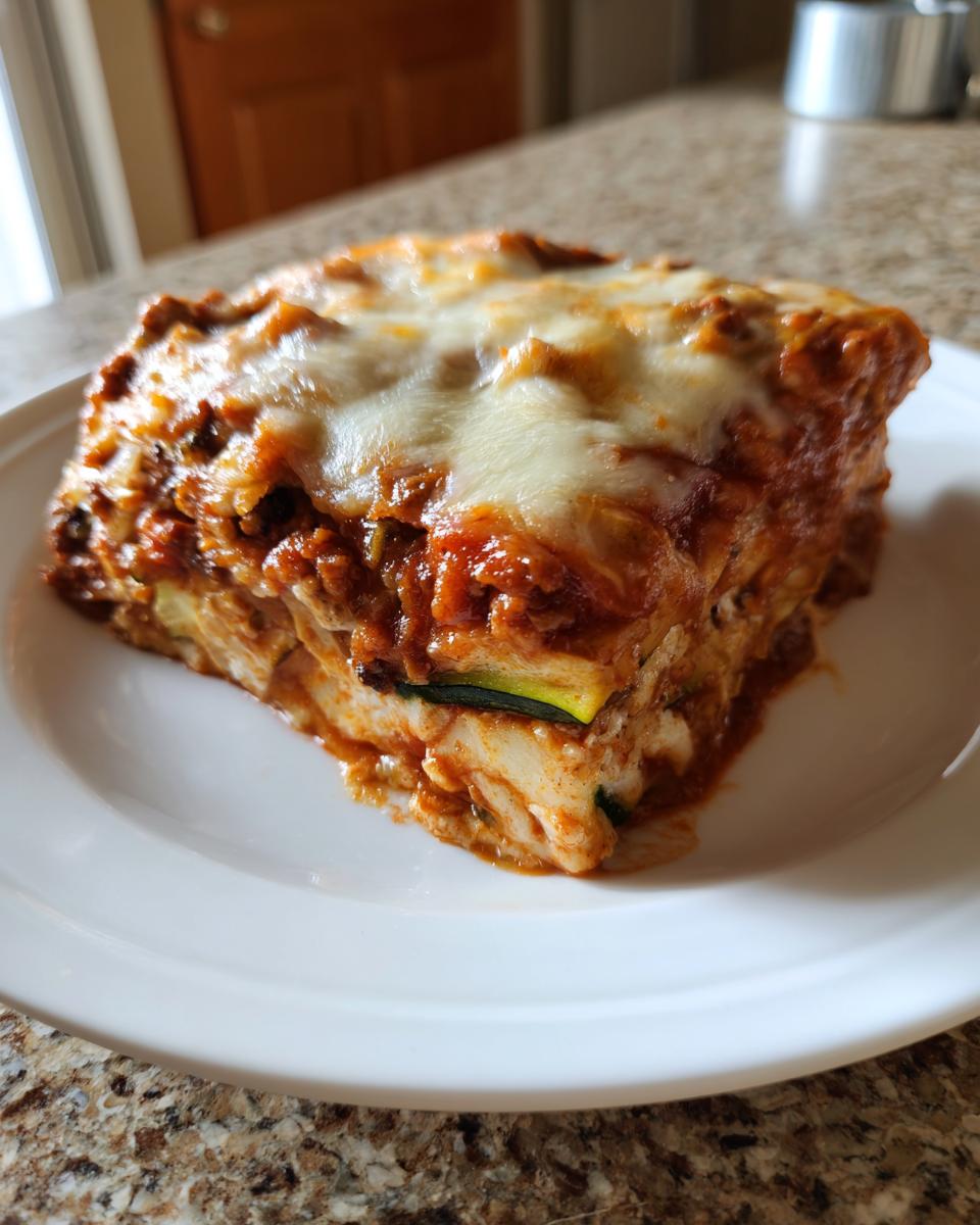 A generous slice of Mexican Zucchini Casserole layered with sauce and topped with melted white cheese, served on a white plate.