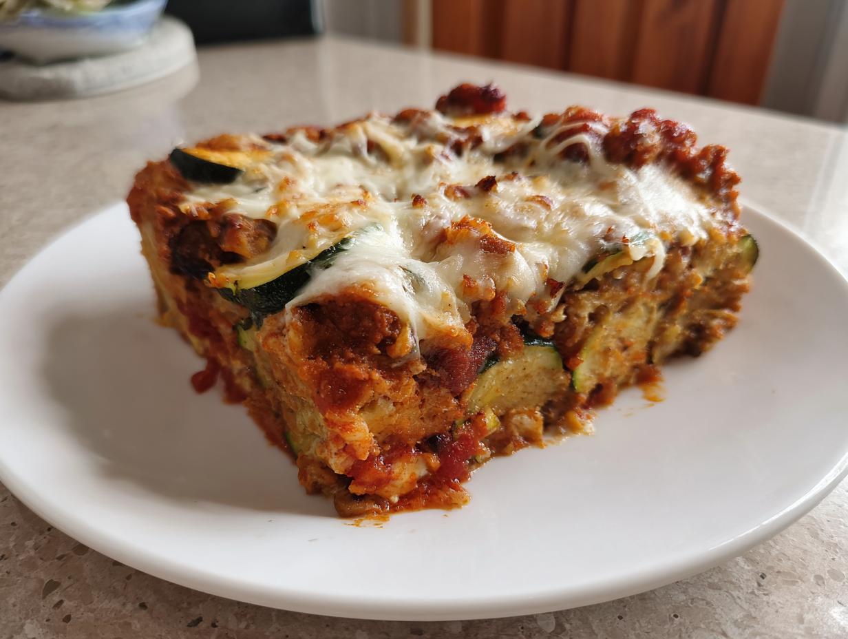 A generous slice of Mexican Zucchini Casserole with layers of sauce, zucchini, and a topping of melted white cheese.