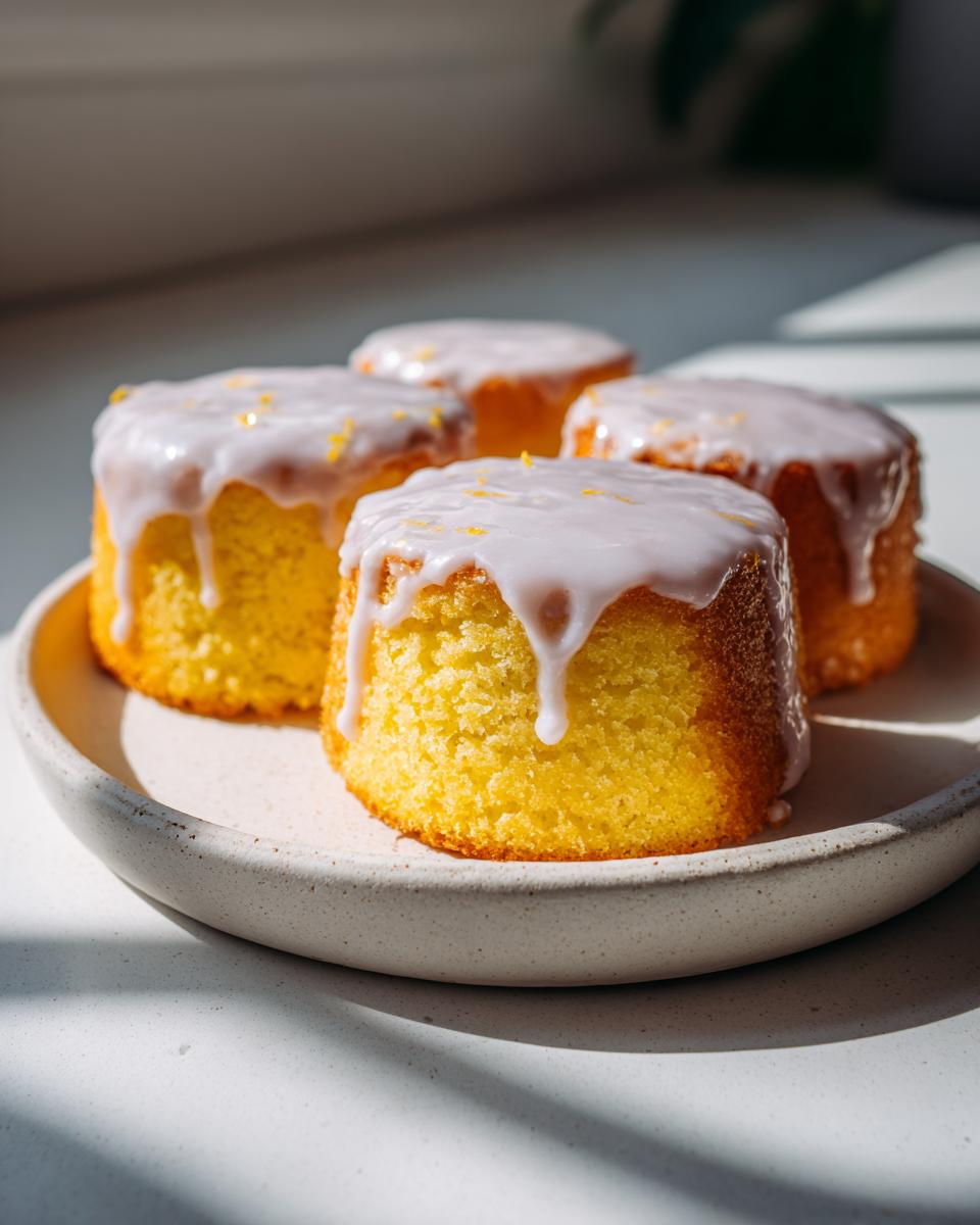 Four bright yellow mini lemon cakes with lavender glaze dripping down the sides, sitting on a speckled plate.