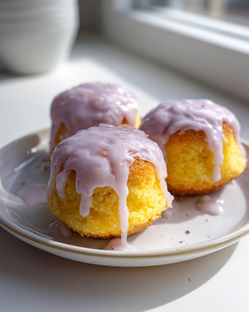 Three bright yellow mini lemon cakes with thick, dripping lavender glaze served on a small plate.