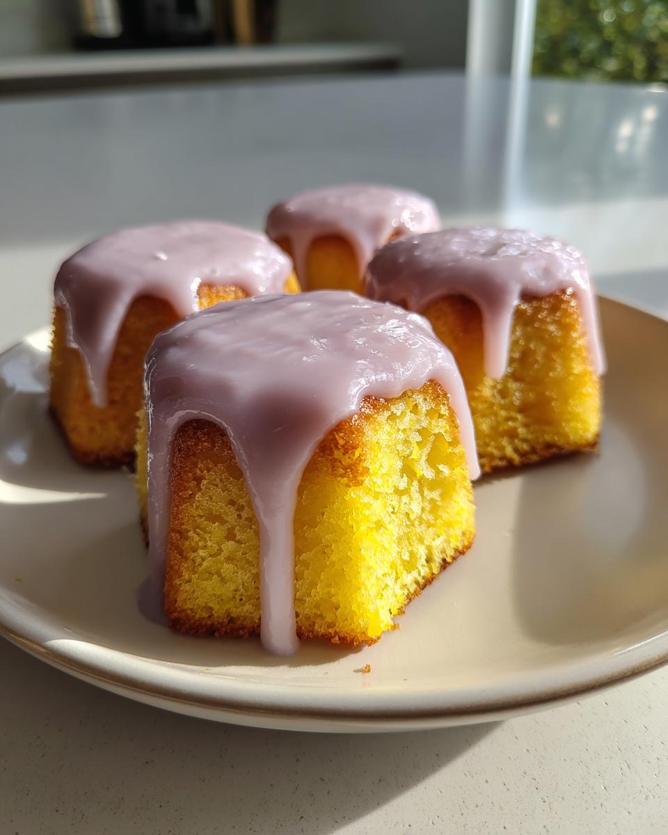 Four bright yellow mini lemon cakes topped with dripping lavender glaze, sitting on a neutral plate.
