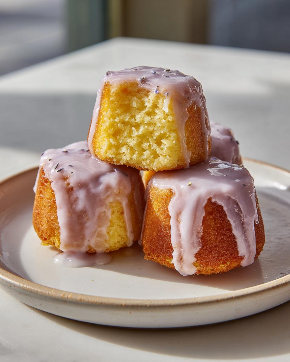 A stack of four moist mini lemon cakes with a dripping lavender glaze and sprinkled lavender buds.