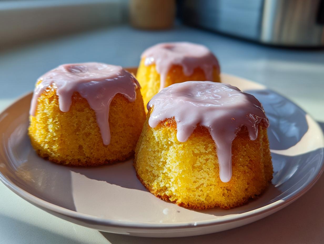 Three bright yellow mini lemon cakes with a thick, pale purple lavender glaze dripping down the sides, sitting on a light plate.
