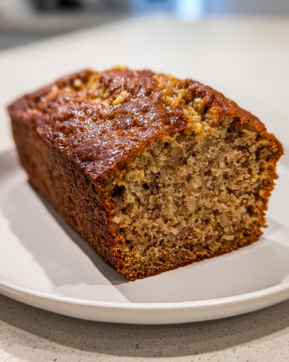 A freshly baked, small loaf of moist banana bread for two, showing a golden-brown crust and nutty interior.