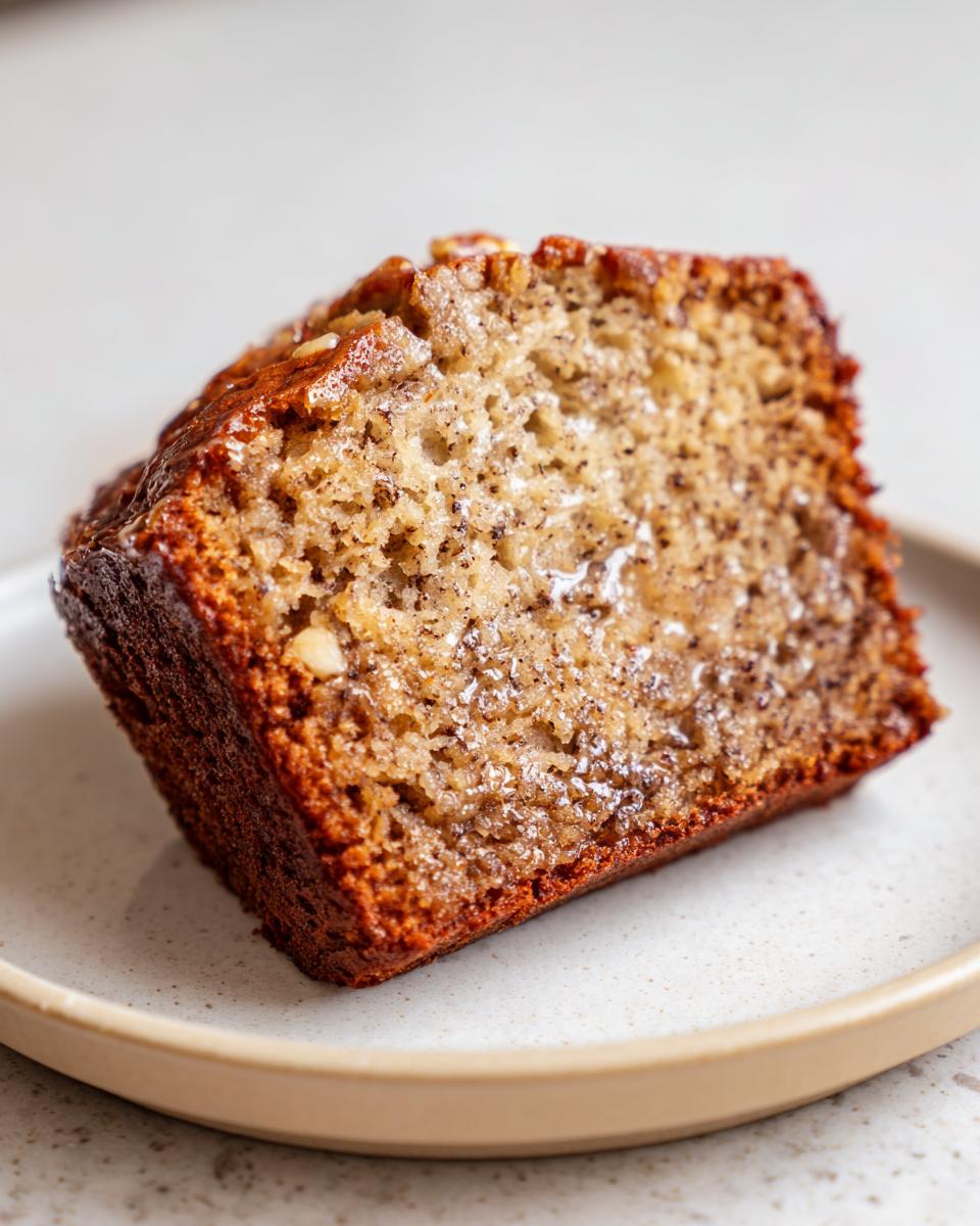 Close-up of a moist, dark-crusted slice of banana bread for two on a speckled plate.