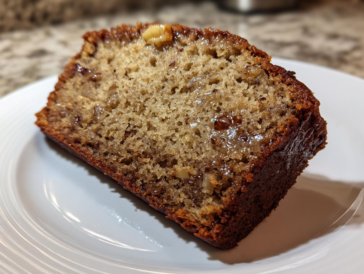 Close-up of a moist slice of banana bread for two showing a rich crumb and caramelized top.