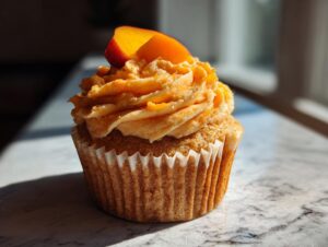 A single, moist honey peach cupcake topped with orange frosting and a fresh slice of peach.