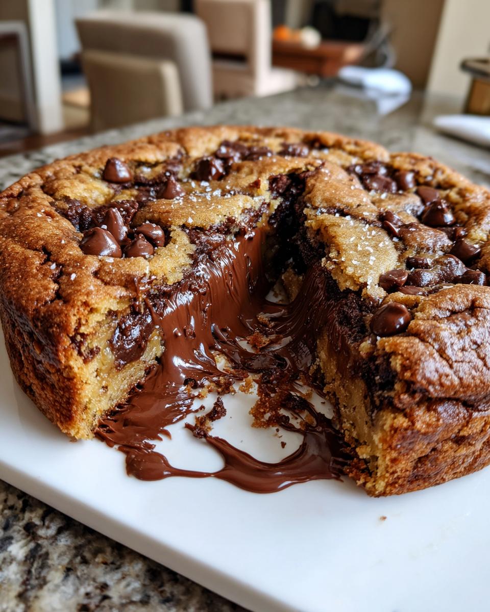 A cross-section of a warm nutella stuffed cookie pie revealing a molten chocolate filling oozing out.