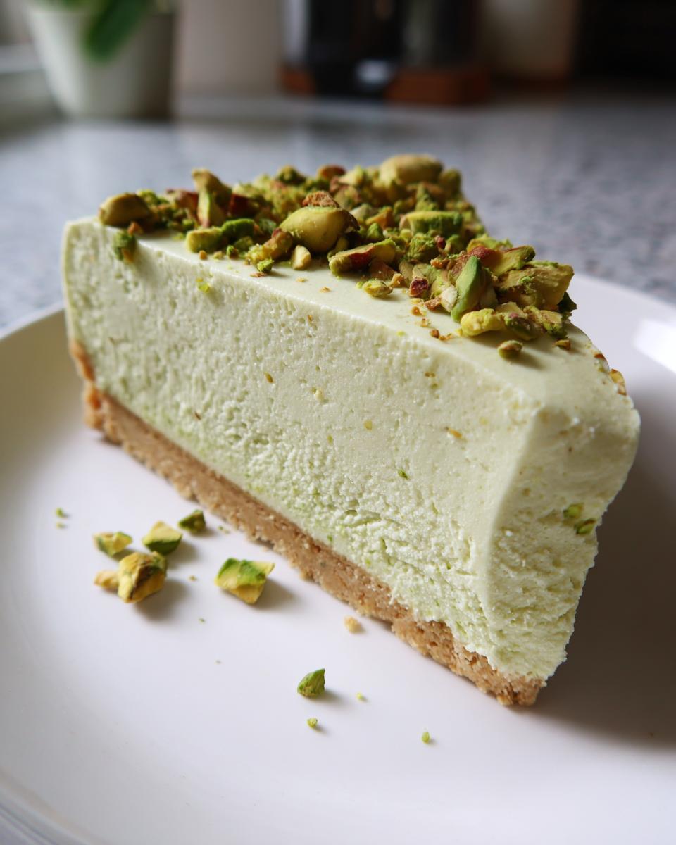 A thick slice of creamy, light green no bake pistachio cheesecake on a white plate, topped with chopped pistachios.