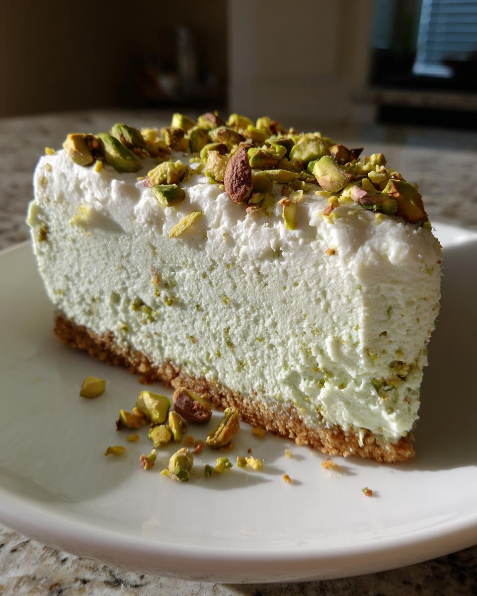A perfect slice of light green no bake pistachio cheesecake on a white plate, topped with chopped pistachios.