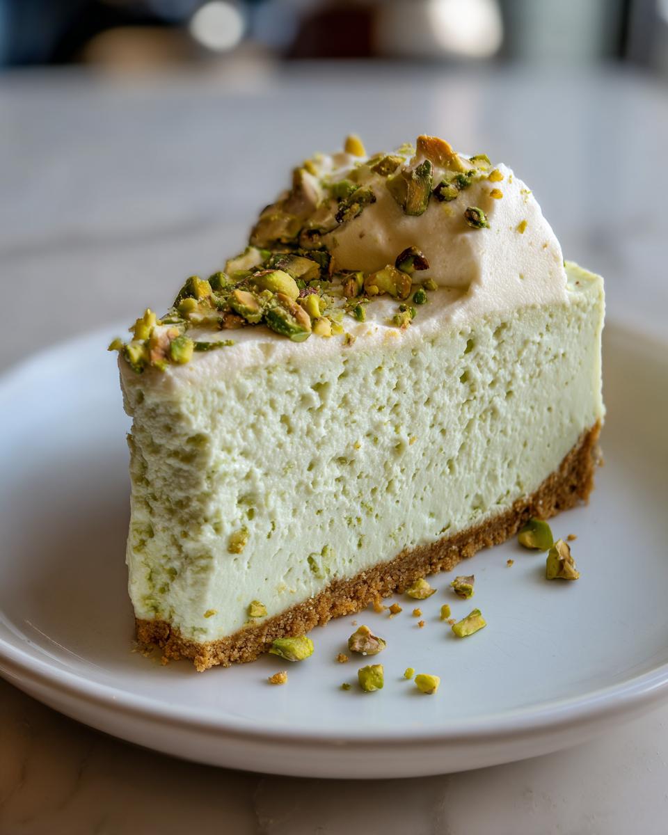 A perfect slice of light green no bake pistachio cheesecake on a white plate, topped with whipped cream and chopped pistachios.