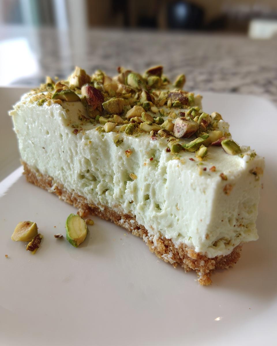 A close-up slice of light green no bake pistachio cheesecake on a white plate, topped with chopped pistachios.