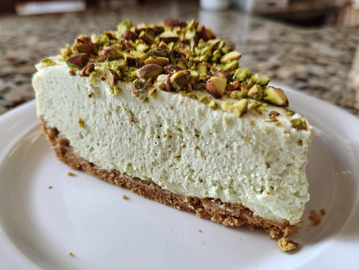 A close-up slice of creamy, light green no bake pistachio cheesecake on a white plate, generously topped with chopped pistachios.