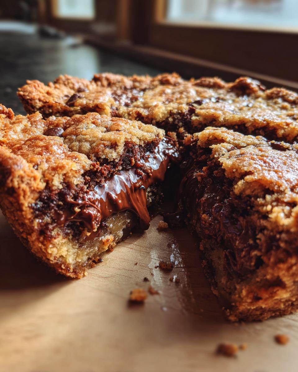 Close-up of a freshly baked nutella stuffed cookie pie cut to reveal the molten chocolate filling.