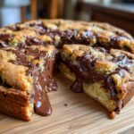 Close-up of a freshly baked nutella stuffed cookie pie with a slice cut out, showing rich, melted Nutella oozing out.