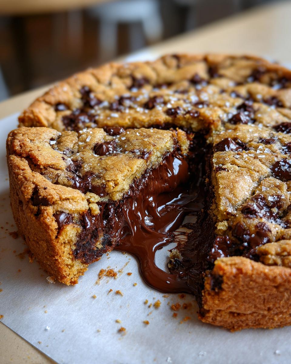 A slice removed from a freshly baked nutella stuffed cookie pie reveals a gooey, melted chocolate filling oozing out.