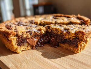 Close-up of a freshly baked nutella stuffed cookie pie cut open, showing gooey, melted Nutella filling oozing out.