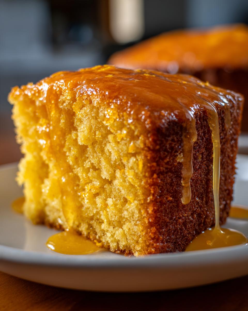 Close-up of a moist slice of orange buttermilk cake topped with a thick, dripping orange glaze.