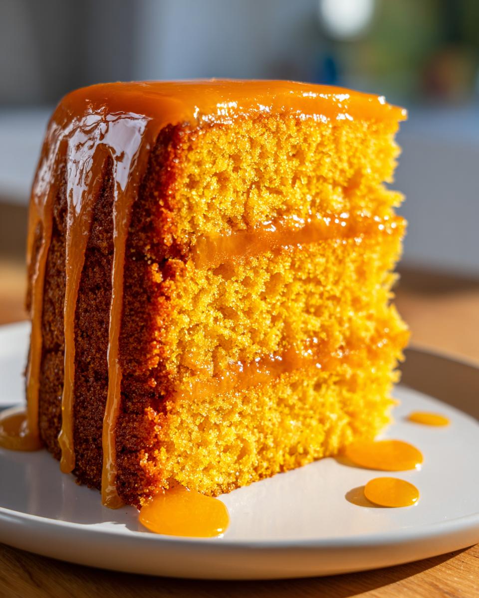 A close-up of a moist slice of 3-layer orange buttermilk cake topped with a thick, dripping orange glaze.