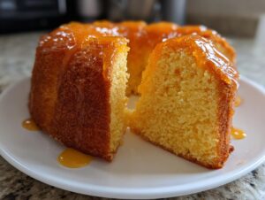 A close-up of a slice cut from a bundt-style orange buttermilk cake, topped with a shiny orange glaze.