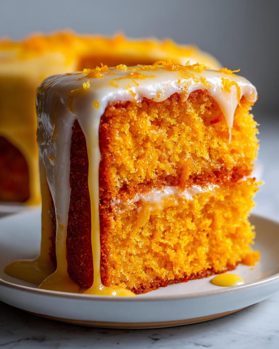 Close-up of a moist slice of orange buttermilk cake layered with filling and topped with white glaze and zest.