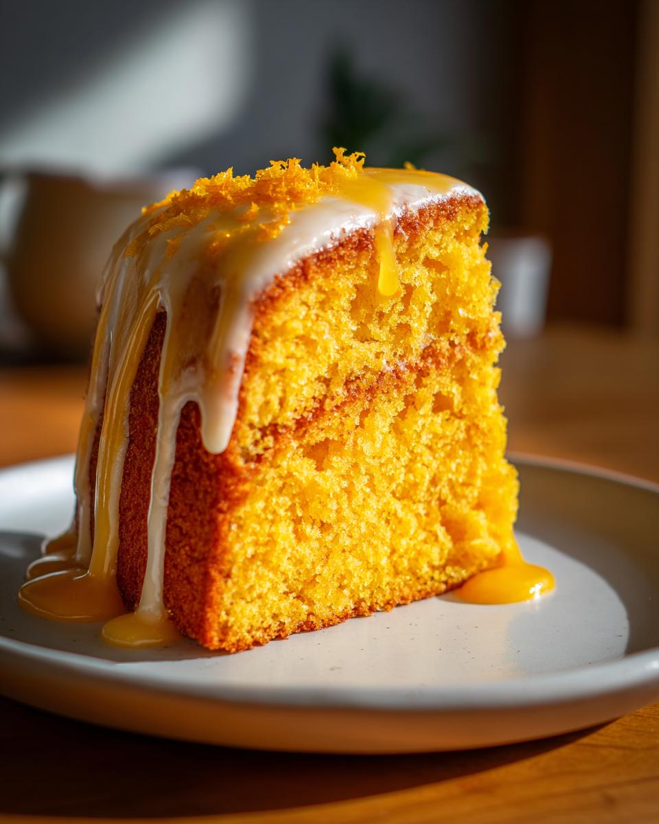 Close-up of a moist slice of orange buttermilk cake topped with white glaze and orange zest.