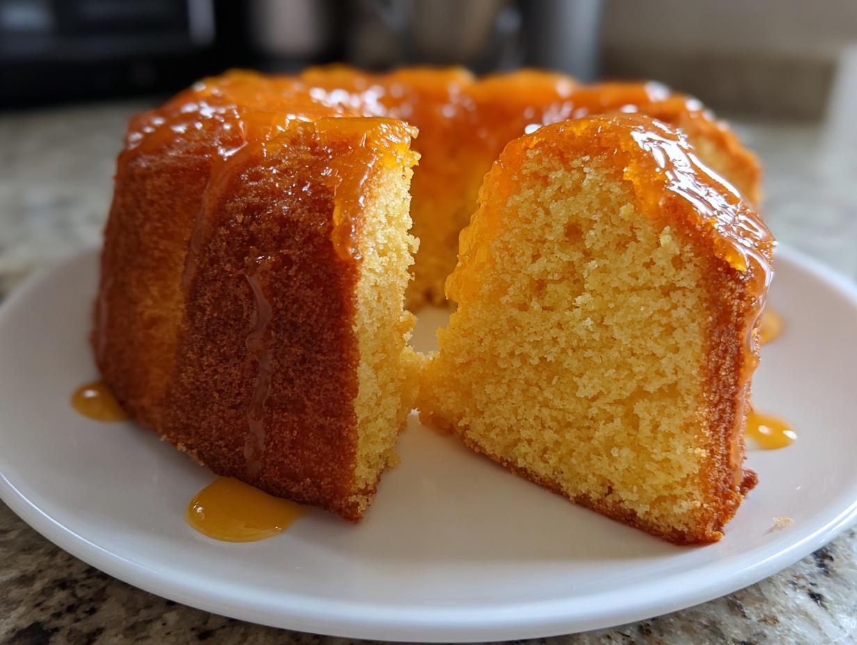 A close-up of a slice cut from a bundt-style orange buttermilk cake, topped with a shiny orange glaze.
