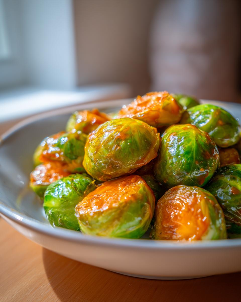 A close-up of vibrant green and caramelized Orange Maple Glazed Brussels Sprouts piled in a white bowl.